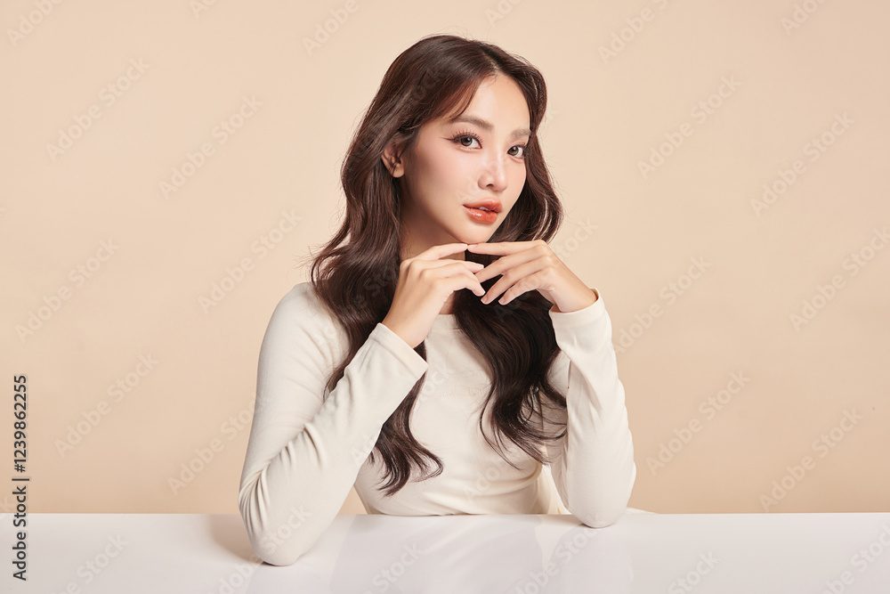 Beautiful young asian woman with clean fresh skin on beige background, Face care, Facial treatment, Cosmetology, beauty and spa, Asian women portrait. Beautiful young asian woman with clean fresh skin on beige background, Face care, Facial treatment, Cosmetology, beauty and spa, Asian women portrait.