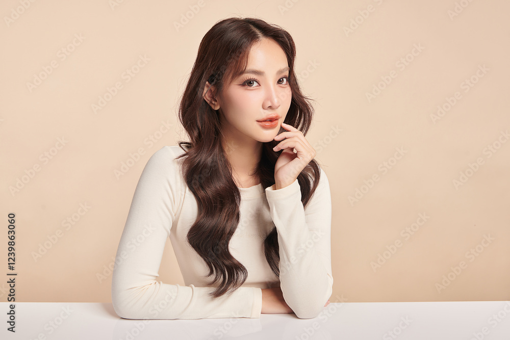 Beautiful young asian woman with clean fresh skin on beige background, Face care, Facial treatment, Cosmetology, beauty and spa, Asian women portrait. Beautiful young asian woman with clean fresh skin on beige background, Face care, Facial treatment, Cosmetology, beauty and spa, Asian women portrait.