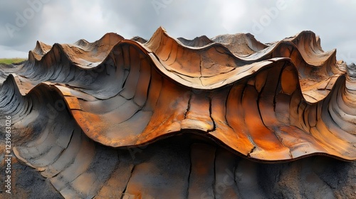 A large wave of rusted metal is shown in the image photo