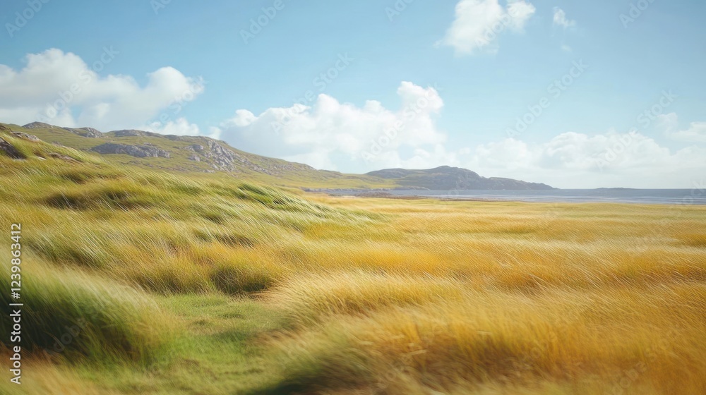Beautiful scenery of a field with green and yellow grass under a blue sky Beautiful scenery of a field with green and yellow grass under a blue sky