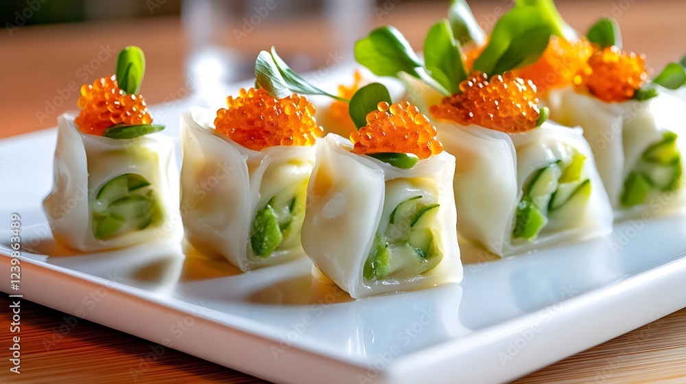 delicious asian cuisine: zucchini & caviar rolls - close-up food p. delicious asian cuisine: zucchini & caviar rolls - close-up food p.