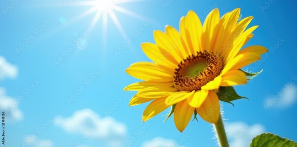 Obraz premium Bright yellow sunflower face towards the radiant blue sky with delicate petals and a sturdy stem, sunflower, blue sky, outdoor