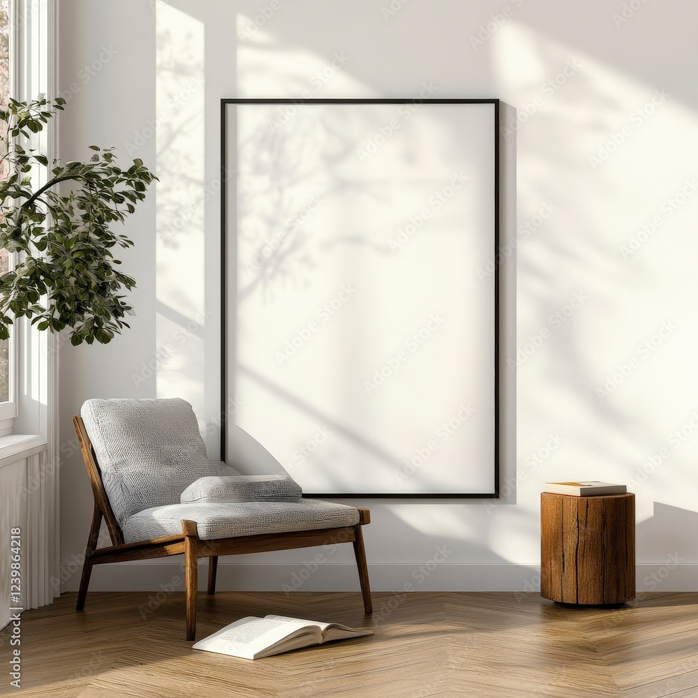 Fototapeta premium Cozy Minimalist Living Room with Empty Frame and Plant in Natural Light Setting