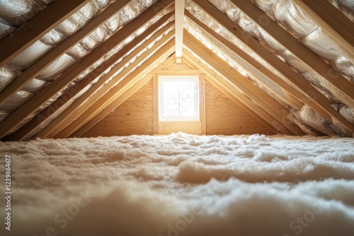 Insulated attic with wood framing and window. Shows proper installation of attic insulation for energy efficiency. photo