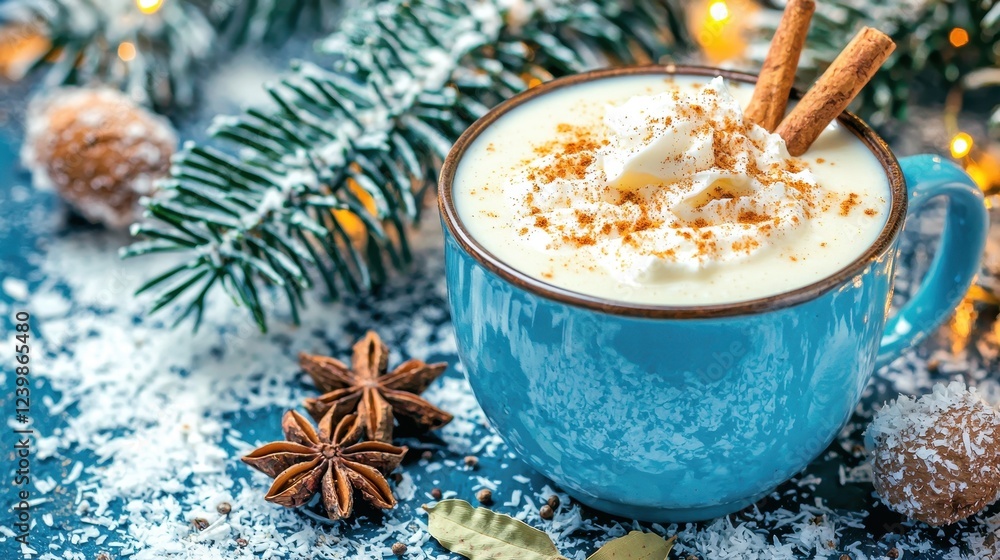 Creamy Beverage with Whipped Cream and Cinnamon Sticks Surrounded by Winter Decor Creamy Beverage with Whipped Cream and Cinnamon Sticks Surrounded by Winter Decor