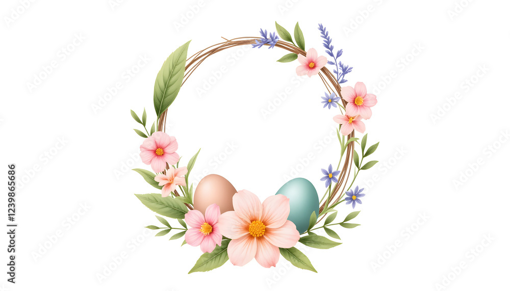 Obraz premium Floral wreath with Easter eggs and spring flowers