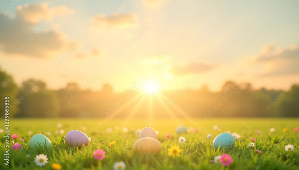 Colorful Easter eggs on grassy field at sunrise Colorful Easter eggs on grassy field at sunrise