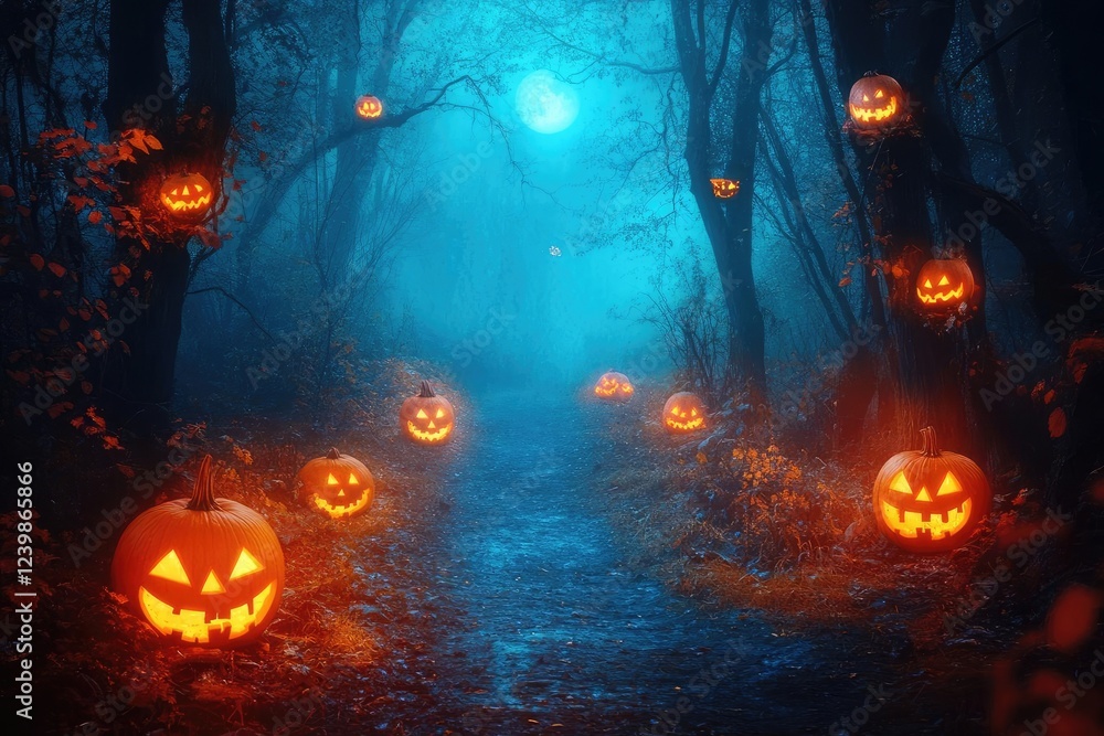Obraz premium enchanted autumn forest path with glowing jackolanterns and misty moonlight