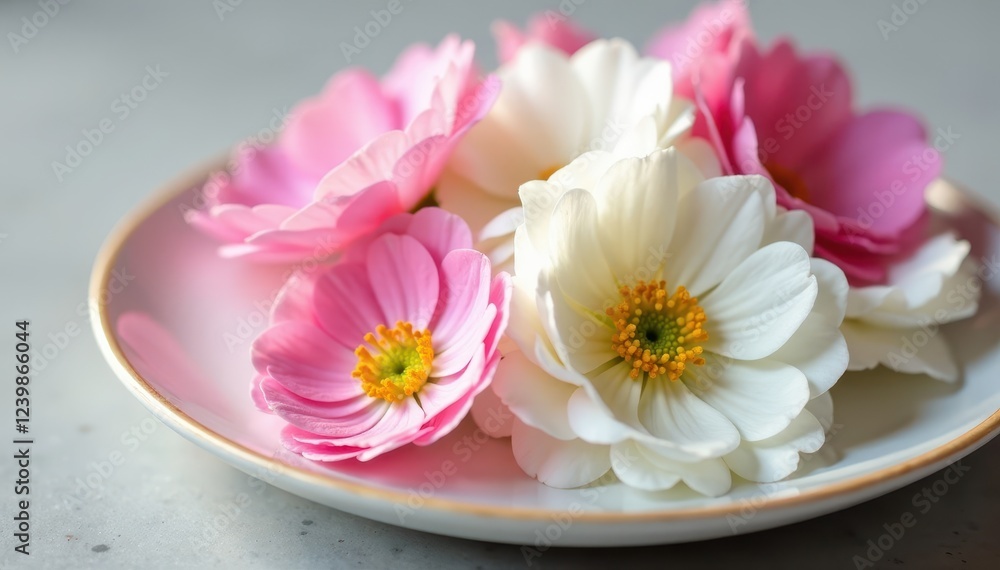Close-up of white and pink ranunculus petals on a plate , white, plate, garnish Close-up of white and pink ranunculus petals on a plate , white, plate, garnish