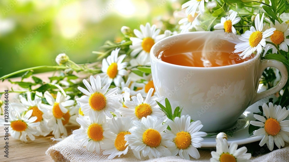 Tranquil Tea with Daisies in a Bright and Serene Natural Background Tranquil Tea with Daisies in a Bright and Serene Natural Background