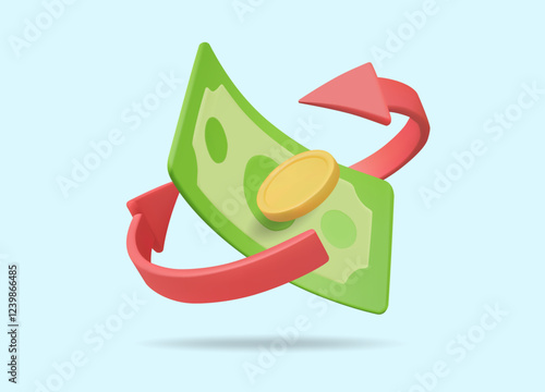 3D vector render illustration of a green banknote icon with a gold coin surrounded by a curved red arrow. currency movement concept financial circulation business finance exchange rate digital payment