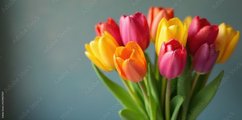 Colorful tulips in a vase with soft petals and green leaves , vases, tulips, flowers Colorful tulips in a vase with soft petals and green leaves , vases, tulips, flowers