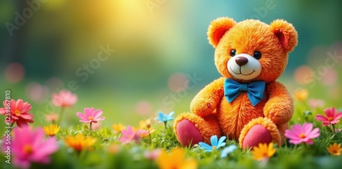 Colorful teddy bear sitting on a patch of colorful flowers , fun, cartoon, flower
