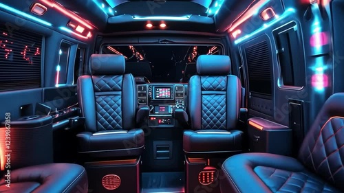 Luxury Van Interior:  A luxurious,  spacious van interior with plush leather seats, ambient lighting, and sleek modern design, perfect for comfort and entertainment. 