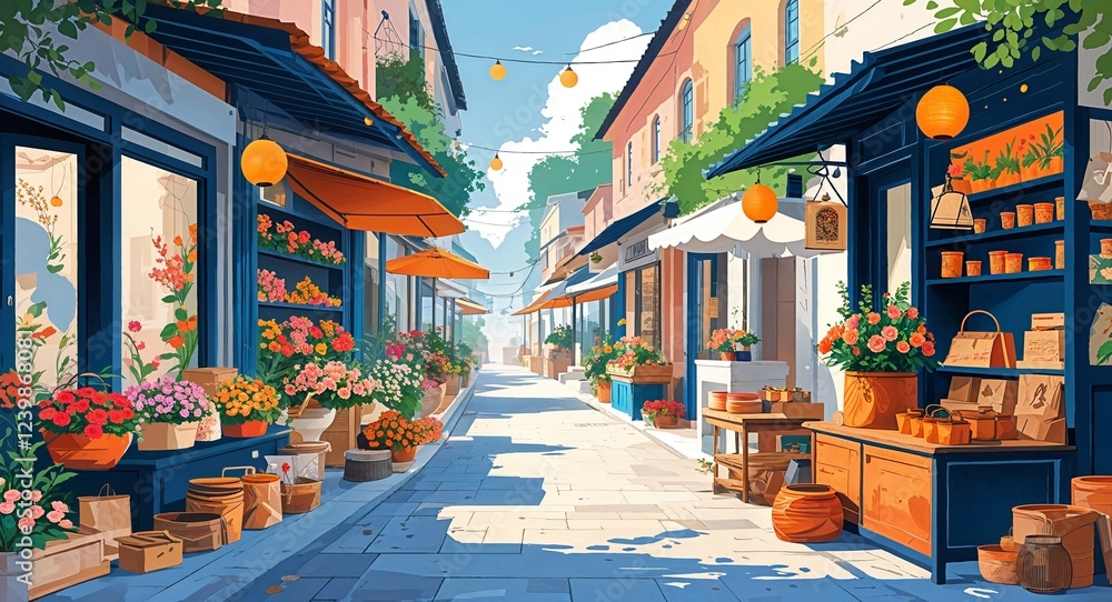 Naklejka premium Peaceful street with flower shops street vendors selling handmade crafts and aromatic teas illustration