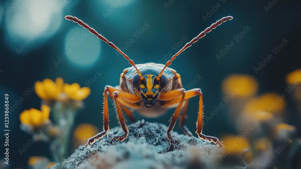 Fototapeta premium A detailed view of an insect perched atop a rock