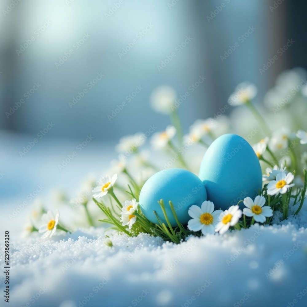 Decorative blue eggs with white flowers on a snowy hillside in spring , spring, seasonal theme, snow Decorative blue eggs with white flowers on a snowy hillside in spring , spring, seasonal theme, snow