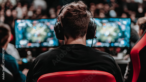 Competitive gamers focus on intense matches at an esports event with large audience in the background