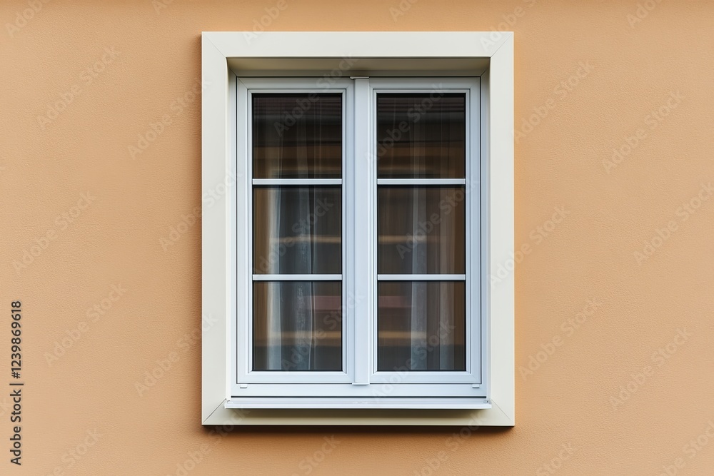 White framed window on peach wall. White framed window on peach wall.