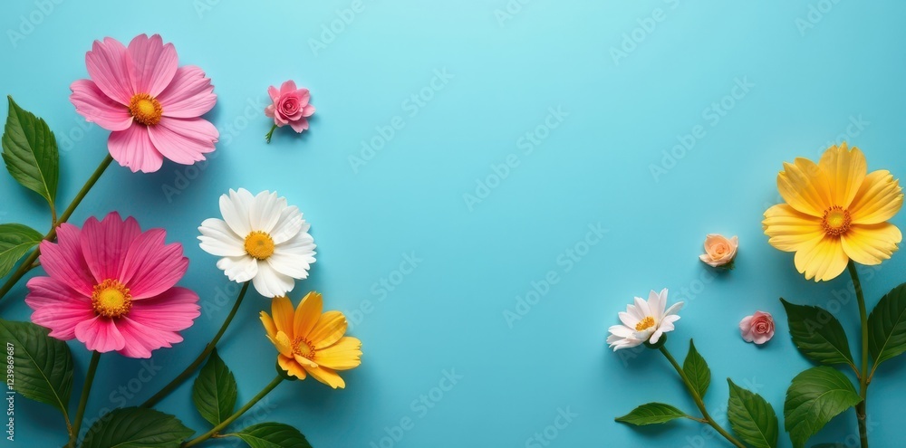 Delicate flowers in various colors on a blue background with green leaves and empty space, colorful, flowers, paper cut Delicate flowers in various colors on a blue background with green leaves and empty space, colorful, flowers, paper cut