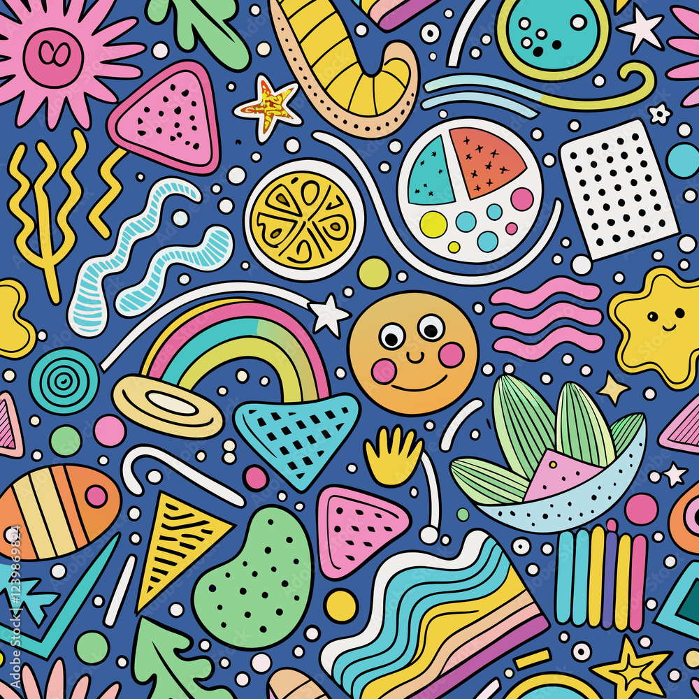 Here's a description and keywords for your image.. Cheerful, colorful abstract seamless pattern with doodles, shapes, and rainbow. Here's a description and keywords for your image.. Cheerful, colorful abstract seamless pattern with doodles, shapes, and rainbow.