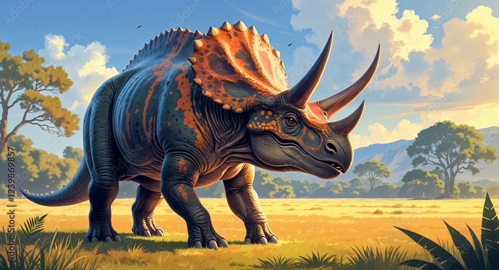 Fototapeta premium Portrait leptoceratops on sunlit prehistoric field background illustration