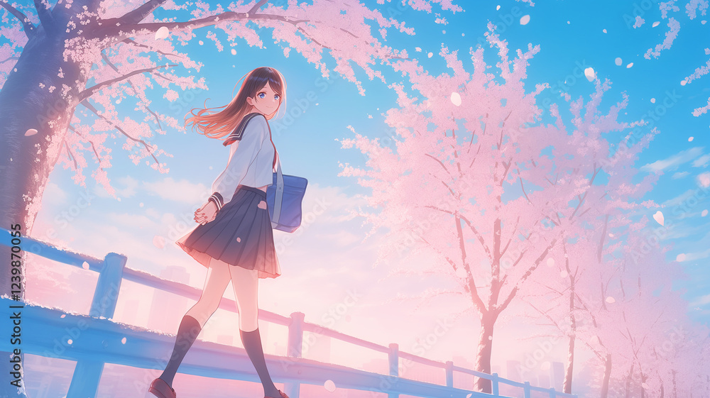 桜並木と青空の春|セーラー服の女子高生の通学風景イラスト 桜並木と青空の春|セーラー服の女子高生の通学風景イラスト