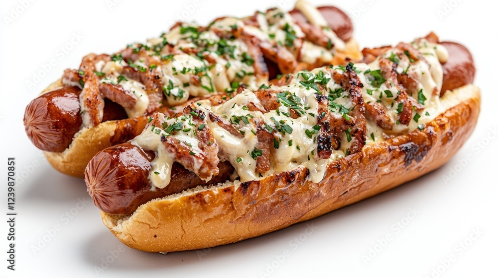 Two gourmet hot dogs topped with bacon and creamy sauce, served in toasted buns. Two gourmet hot dogs topped with bacon and creamy sauce, served in toasted buns.