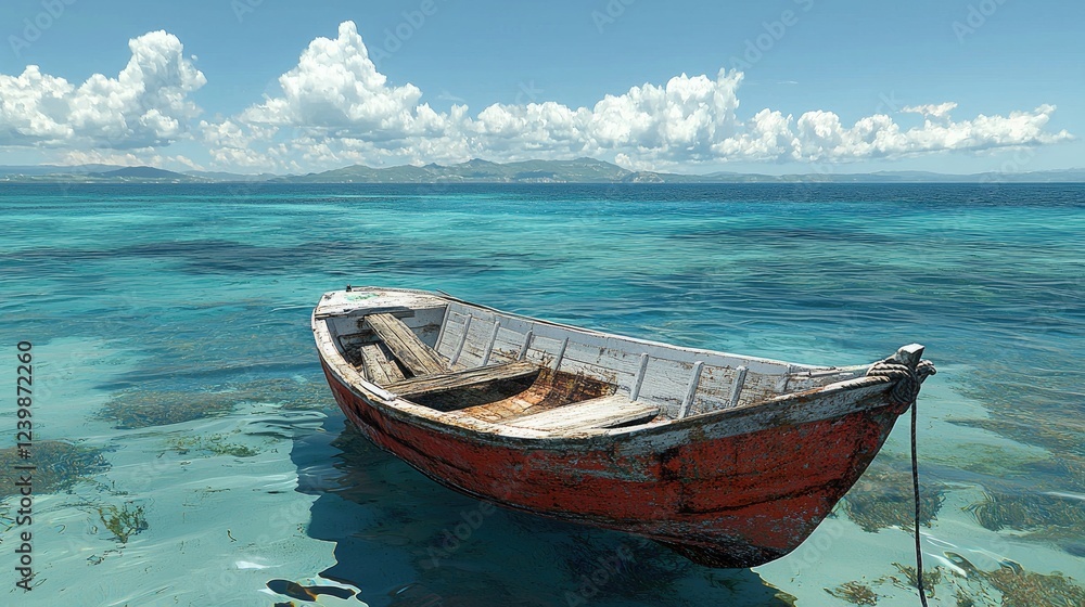 Old rowboat in turquoise tropical sea, island background; travel brochure Old rowboat in turquoise tropical sea, island background; travel brochure
