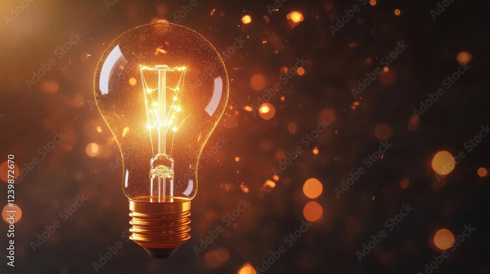 Glowing incandescent light bulb with warm golden sparks in the background, symbolizing creativity, innovation, and bright ideas in a dark atmospheric setting Glowing incandescent light bulb with warm golden sparks in the background, symbolizing creativity, innovation, and bright ideas in a dark atmospheric setting