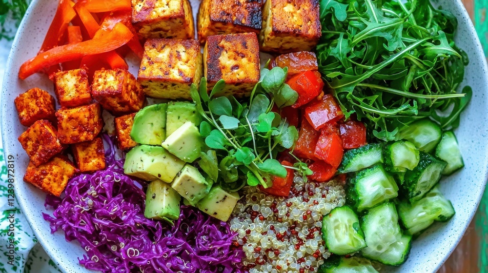 Fototapeta premium Colorful Healthy Salad Bowl with Tofu, Quinoa, Fresh Vegetables and Microgreens