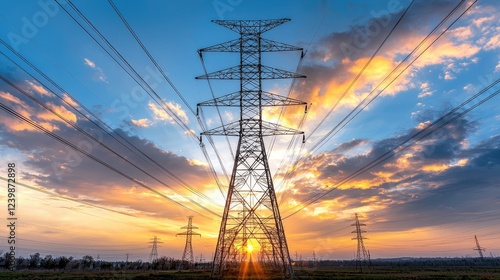 Electricity pylons at sunset, energy transmission, rural landscape, power grid