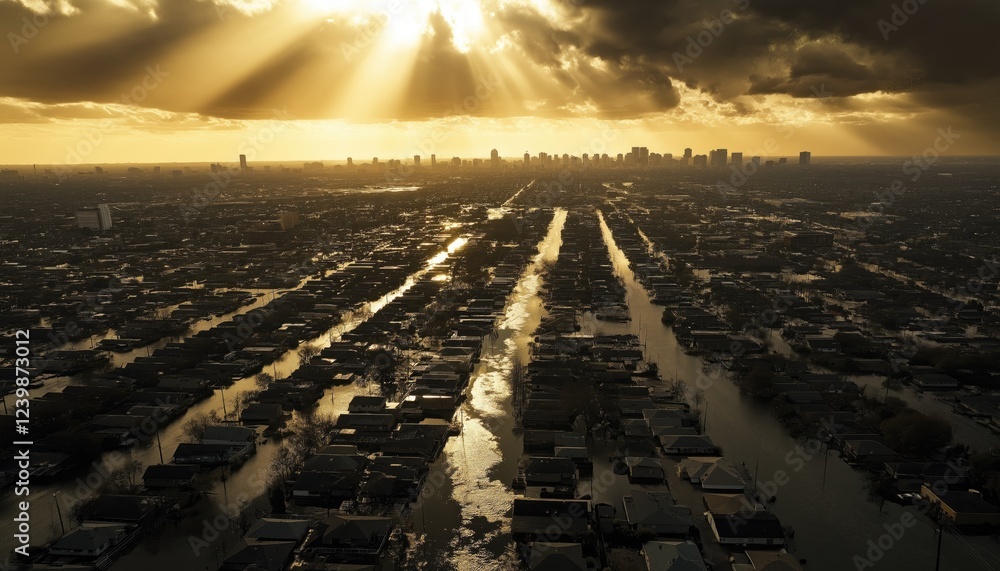 Fototapeta premium Flooded Building Aerial View of City Submerged After Storm