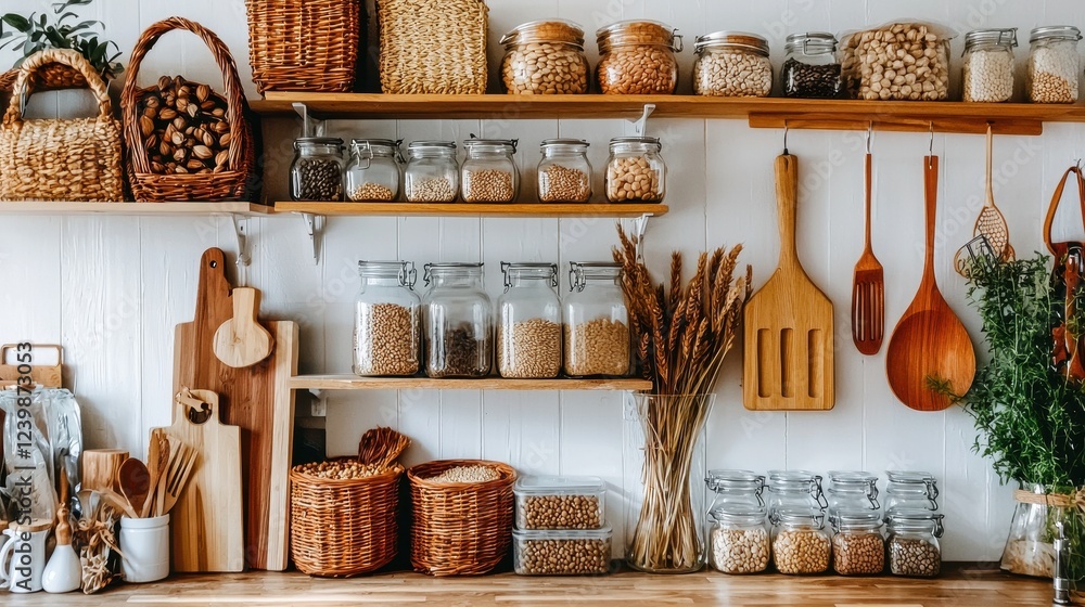 Cozy Rustic Kitchen Display with Natural Ingredients and Handmade Kitchenware Cozy Rustic Kitchen Display with Natural Ingredients and Handmade Kitchenware