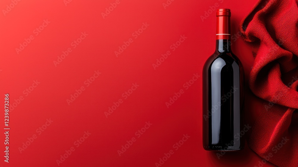 A red wine bottle on a vibrant red background with a soft red cloth. A red wine bottle on a vibrant red background with a soft red cloth.