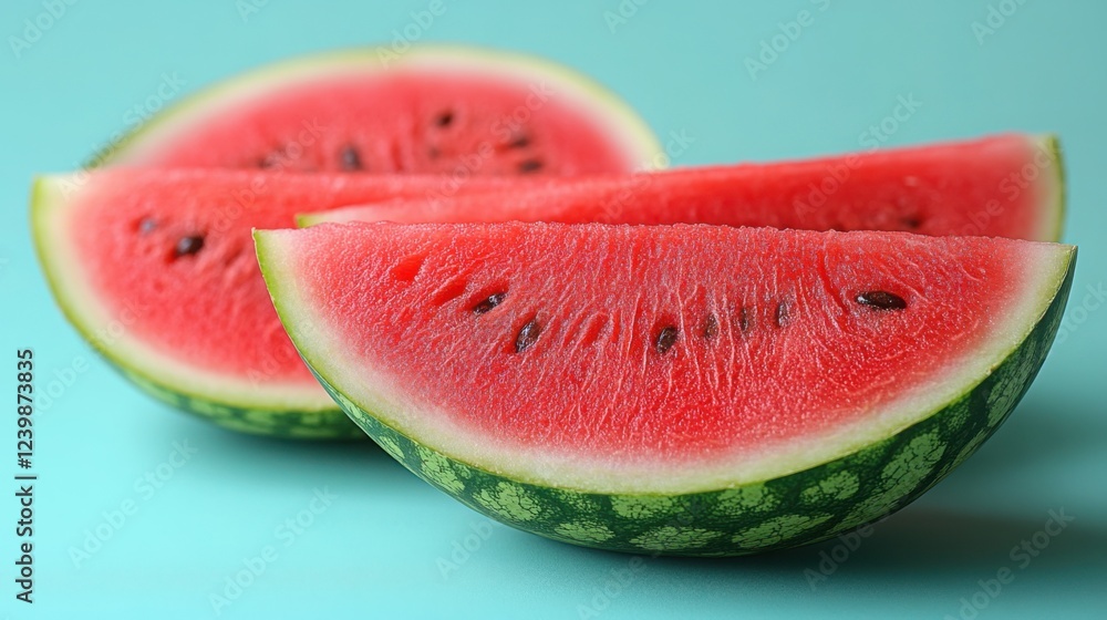 Juicy Slices of Red Watermelon on Turquoise Background Summer Fruit Juicy Slices of Red Watermelon on Turquoise Background Summer Fruit