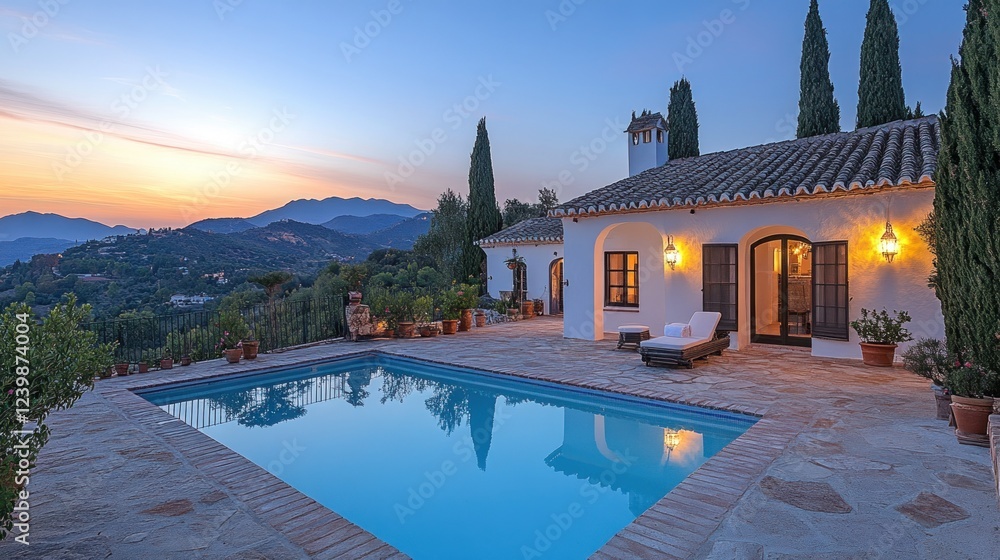 Fototapeta premium Sunset Villa Pool, Mountain View, Spain, Luxury Real Estate