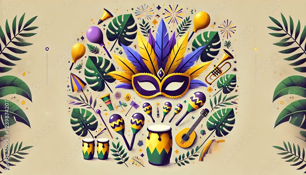 Obraz premium Exuberant Carnival Mask Adorned with Lush Feathers and Surrounded by Musical Instruments, Fireworks, and Tropical Festivities