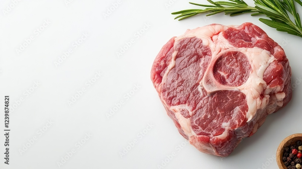 A raw meat cut displayed with rosemary and pepper on a white background. A raw meat cut displayed with rosemary and pepper on a white background.