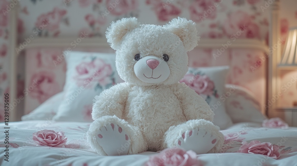 Fototapeta premium Teddy bear sits on floral bed, girl's room