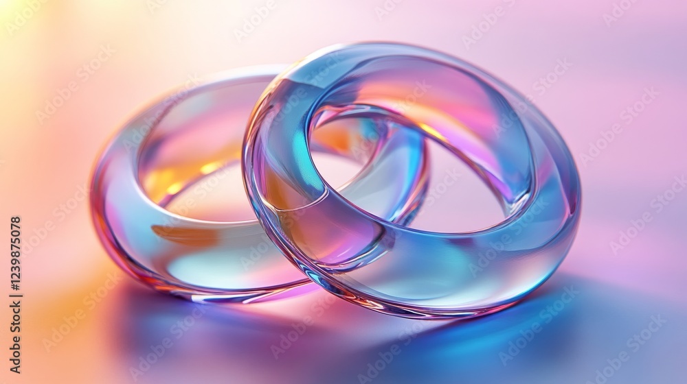 Intertwined iridescent glass rings on pastel background Intertwined iridescent glass rings on pastel background