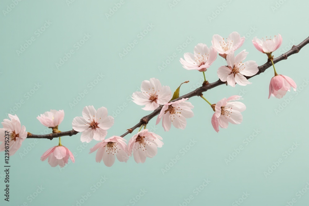 Fototapeta premium delicate cherry blossoms gracefully adorn a slender branch against a serene backdrop