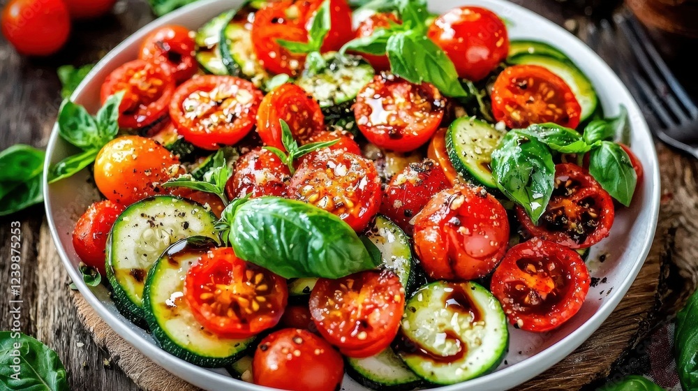 Fresh Vegetable Salad with Tomatoes, Zucchini, Basil, and Balsamic Dressing Fresh Vegetable Salad with Tomatoes, Zucchini, Basil, and Balsamic Dressing