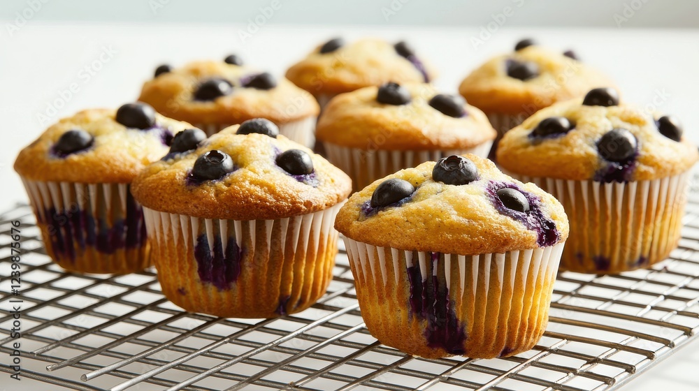 Freshly baked homemade blueberry muffins cooling on a wire rack in bright natural light Freshly baked homemade blueberry muffins cooling on a wire rack in bright natural light