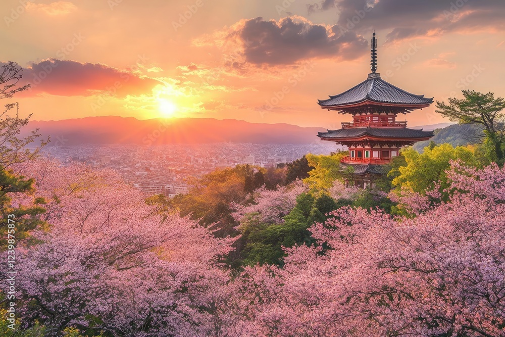 Obraz premium enchanted sakura garden with traditional pagodas at sunset
