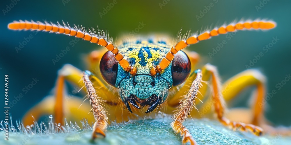 Fototapeta premium Detailed Macro Photography of a Colorful Insect on a Leaf