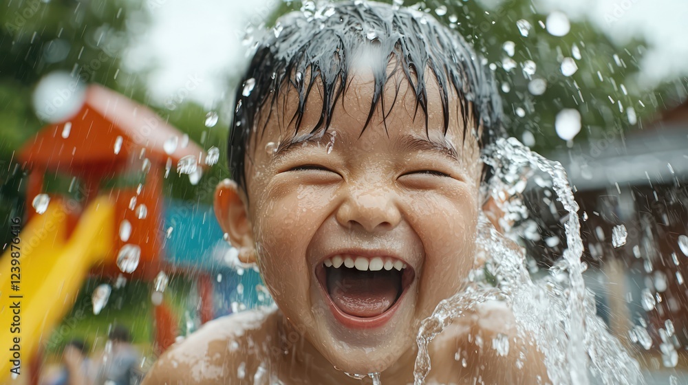 A joyful child laughing in water spray at a playground, capturing moments of fun and happiness. A joyful child laughing in water spray at a playground, capturing moments of fun and happiness.