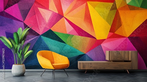 Foto Brightly Colored Geometric Mural Enhances Modern Living Space With Stylish Furni