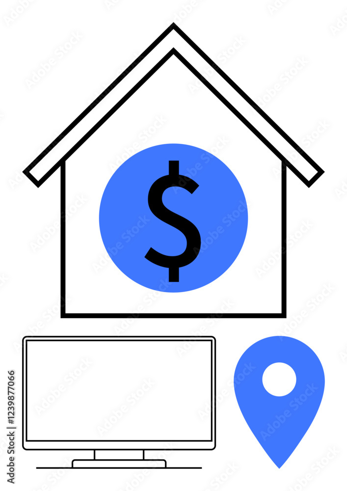 House with dollar symbol, computer monitor, location pin. Ideal for real estate, property investment, online management, financial growth, location analysis virtual tours remote work. Line metaphor House with dollar symbol, computer monitor, location pin. Ideal for real estate, property investment, online management, financial growth, location analysis virtual tours remote work. Line metaphor