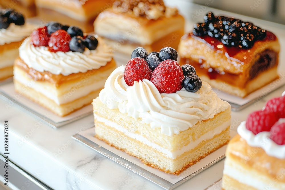 Gourmet pastries showcase marble counter food display elegant environment side angle intricate designs for culinary delight Gourmet pastries showcase marble counter food display elegant environment side angle intricate designs for culinary delight